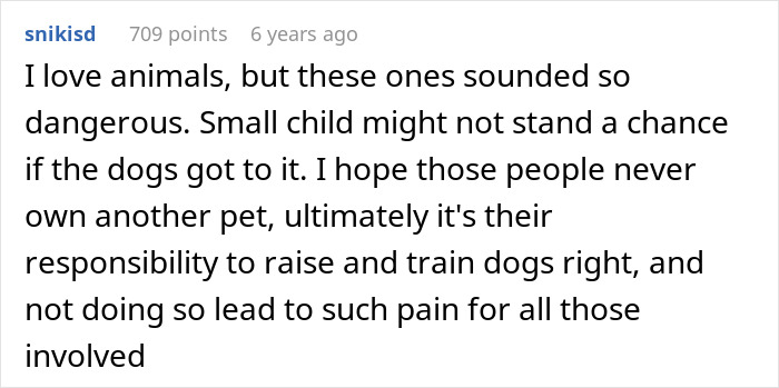 A Reddit comment expressing concern about dangerous dogs and their owners' responsibility after a cat attack. A Reddit comment expressing concern about dangerous dogs and their owners' responsibility after a cat attack.