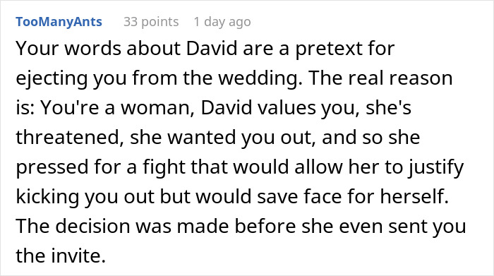 A comment explaining how the bride used a confession to remove the groom's female bestie from the wedding. A comment explaining how the bride used a confession to remove the groom's female bestie from the wedding.