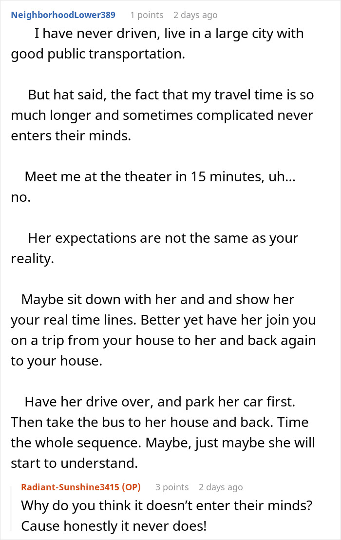A woman discussing why her stepsister's expectations for her to put life on hold are unrealistic.