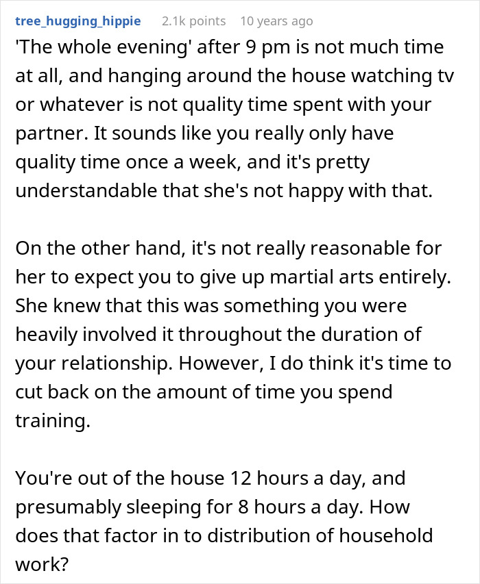 Text comment discussing time spent on martial arts training in relationship Text comment discussing time spent on martial arts training in relationship