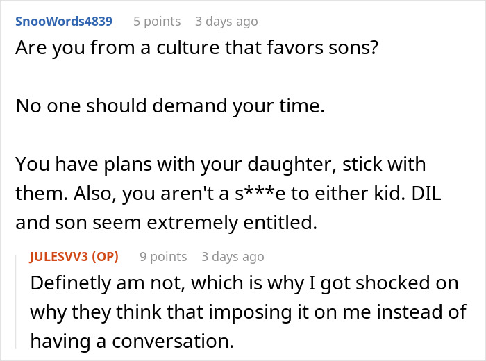 Social media comments criticizing a son and daughter-in-law after a mother-in-law stays with her daughter abroad. Social media comments criticizing a son and daughter-in-law after a mother-in-law stays with her daughter abroad.
