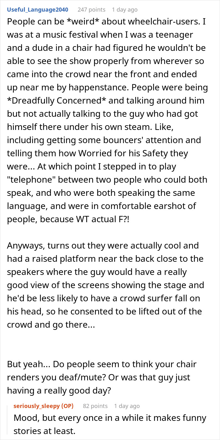 Screenshot of comments from a user about a music festival experience with a wheelchair-bound teen. Screenshot of comments from a user about a music festival experience with a wheelchair-bound teen.