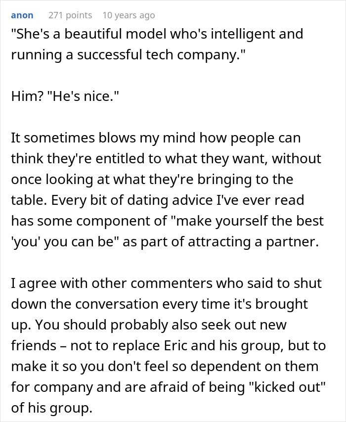 A screenshot of a comment about a guy who thinks his buddy needs a hot GF and a weight-loss coach in one. A screenshot of a comment about a guy who thinks his buddy needs a hot GF and a weight-loss coach in one.