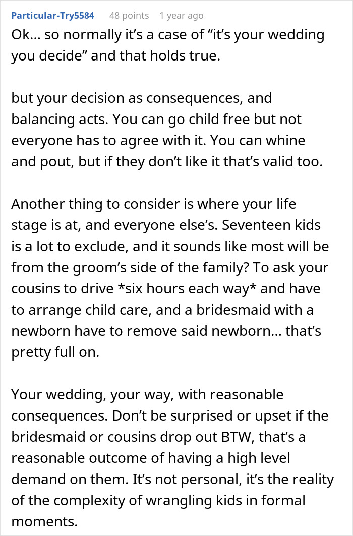 A comment discussing the child-free celebration and consequences of in-laws demands for special exceptions.