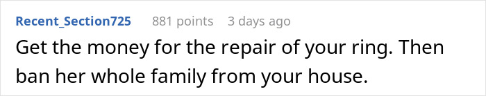 A social media comment advises getting money for the sapphire engagement ring repair and banning the family.