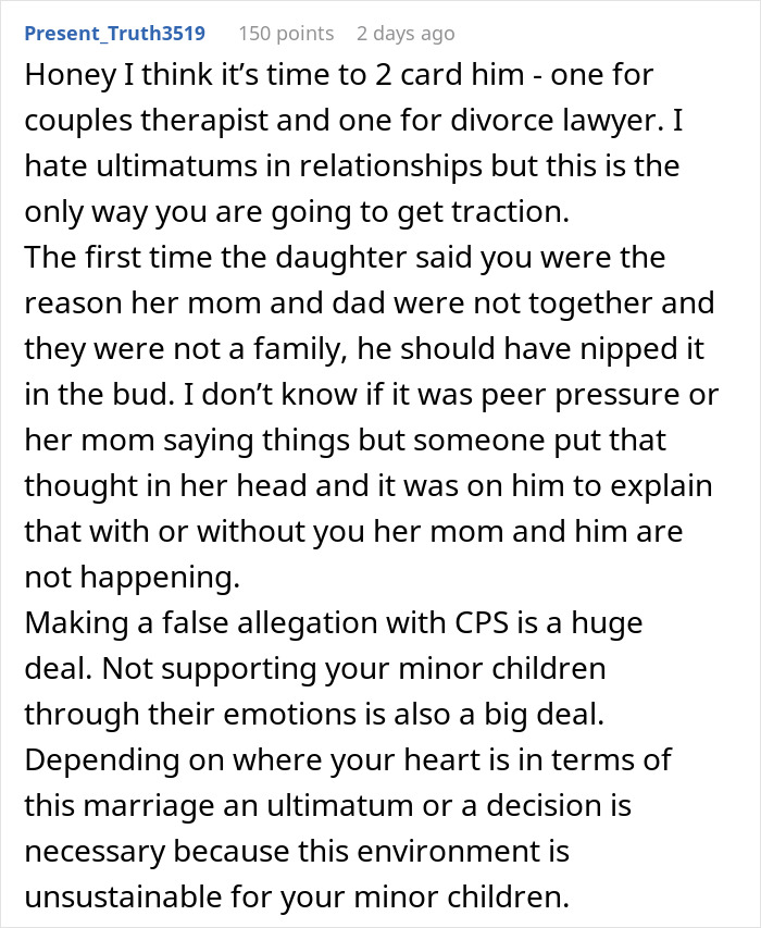 A comment on false CPS allegations and the stepmom coping with a difficult husband and child.