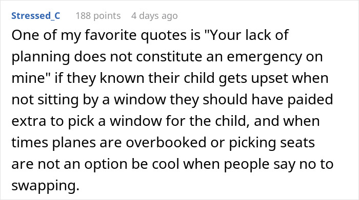 A screenshot of a Reddit comment emphasizing planning for an airplane window seat for a child. A screenshot of a Reddit comment emphasizing planning for an airplane window seat for a child.