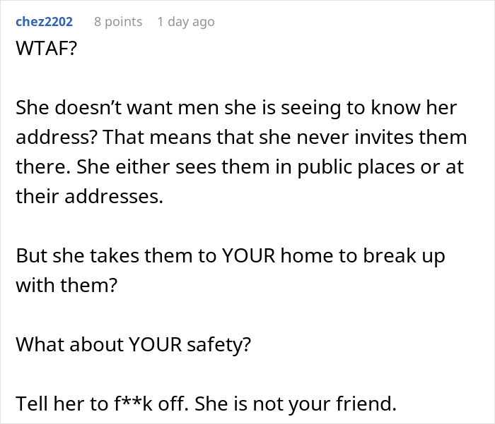 A screenshot of a comment about a woman dumping men at her bestie's apartment and her breakup spot getting shut down. A screenshot of a comment about a woman dumping men at her bestie's apartment and her breakup spot getting shut down.