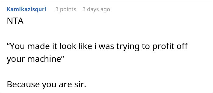 A Reddit comment confirming the coworker was indeed trying to profit off the shared coffee machine.
