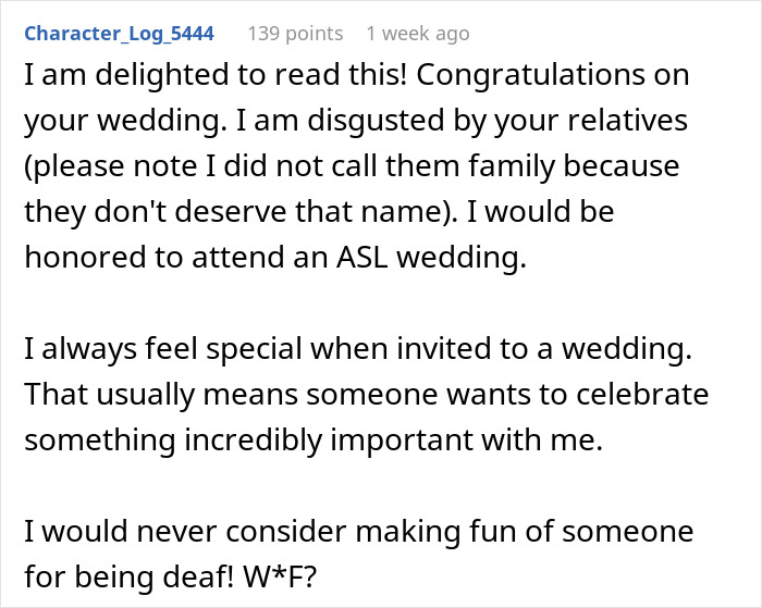 Comment praising deaf bride's wedding and criticizing relatives Comment praising deaf bride's wedding and criticizing relatives