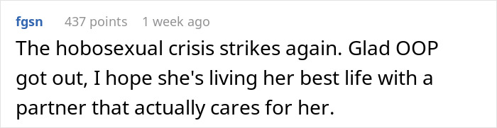 A comment mentioning a hobosexual crisis and a jobless BF who relies on a woman who pays for everything.