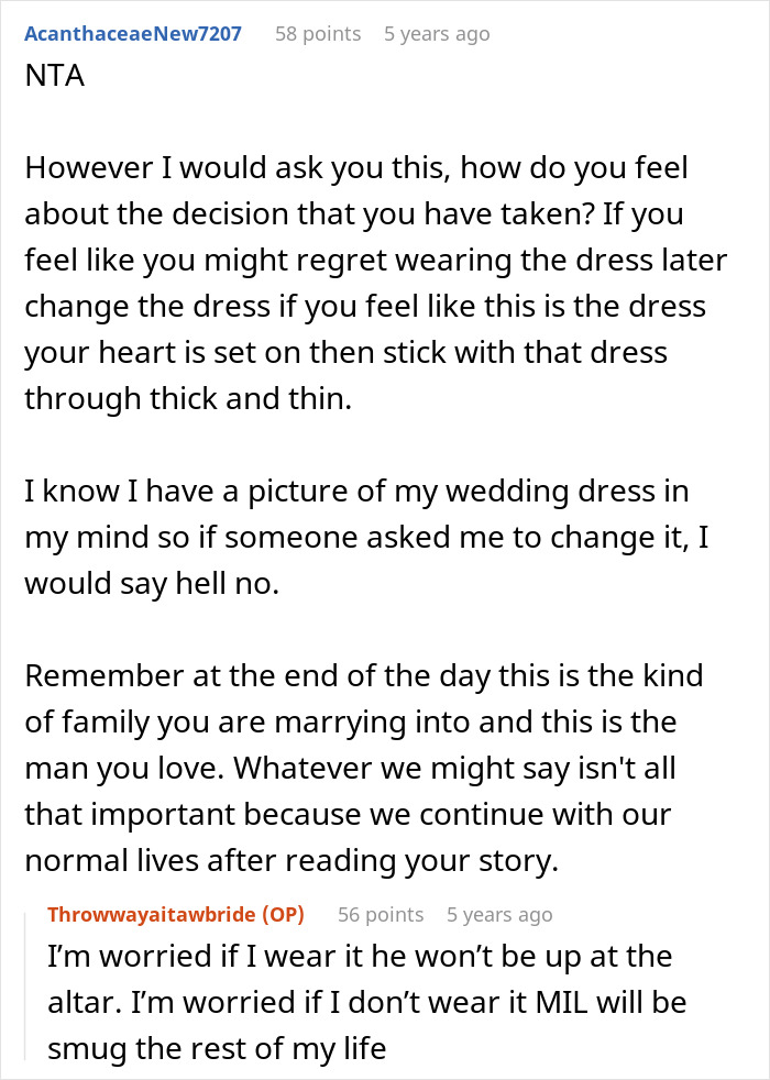 A screenshot of a reddit comment section with a user advising the original poster about her wedding dress dilemma. A screenshot of a reddit comment section with a user advising the original poster about her wedding dress dilemma.
