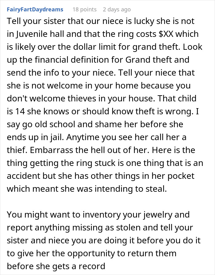 Screenshot of Reddit comment discussing the legal implications of a 14YO stealing an aunt's sapphire engagement ring.