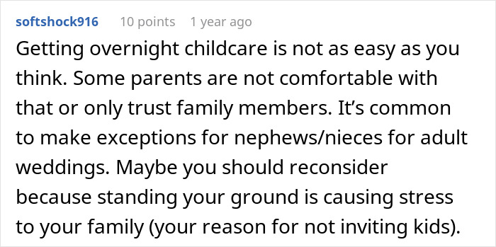 A Reddit comment about in-laws demanding special exceptions for child-free celebration, and the difficulty of finding overnight childcare.