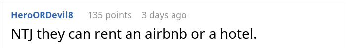 A comment suggesting to rent an Airbnb or a hotel for the wedding party. A comment suggesting to rent an Airbnb or a hotel for the wedding party.