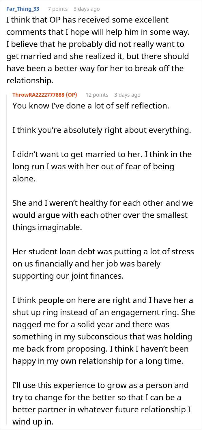 Screenshot of Reddit comments regarding a man who proposes to his girlfriend after 10 years and she leaves. Screenshot of Reddit comments regarding a man who proposes to his girlfriend after 10 years and she leaves.