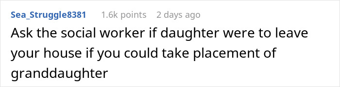 A Reddit comment suggesting parents ask a social worker about grandchild placement due to the daughter's toxic boyfriend. A Reddit comment suggesting parents ask a social worker about grandchild placement due to the daughter's toxic boyfriend.