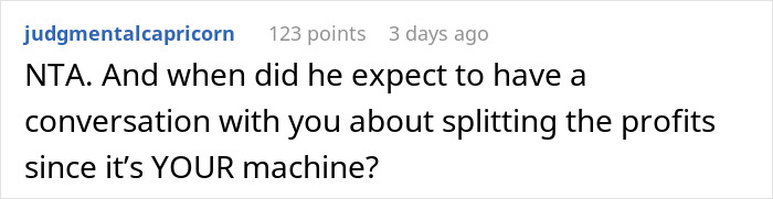 User comment questioning if coworker offered to split profits from the coffee machine