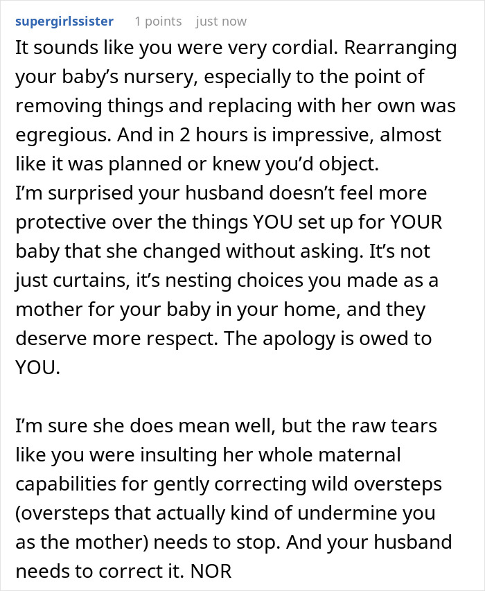 Detailed social media post criticizing the mother-in-law for rearranging the nursery. Detailed social media post criticizing the mother-in-law for rearranging the nursery.