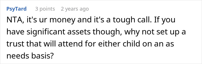A comment suggesting a trust for a son's inheritance to support a successful life. A comment suggesting a trust for a son's inheritance to support a successful life.