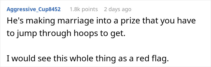 A screenshot of a Reddit comment stating that a guy making marriage a prize, after going from minimum wage to $200K, is a red flag, deciding his GF isn't good enough. A screenshot of a Reddit comment stating that a guy making marriage a prize, after going from minimum wage to $200K, is a red flag, deciding his GF isn't good enough.