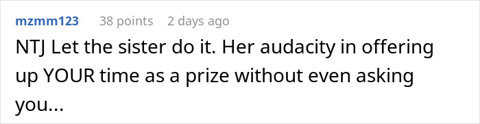 Comment on sister's audacity in offering babysitting time without consent