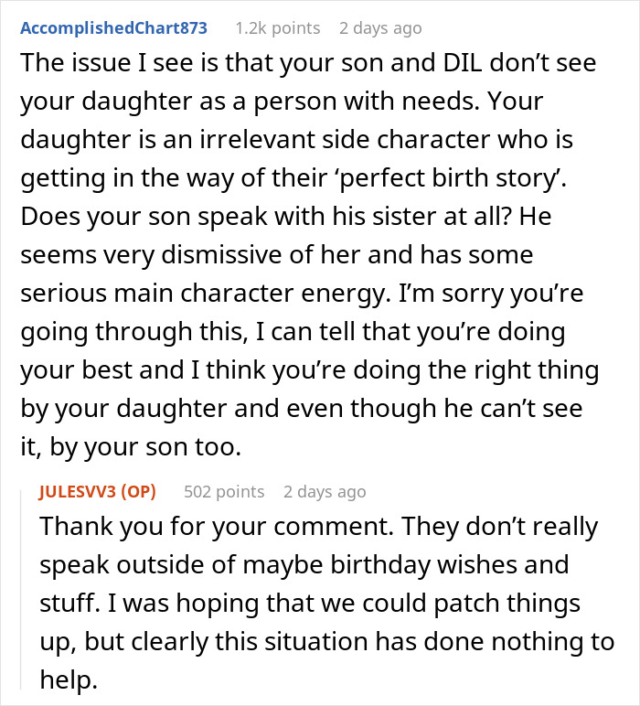 Screenshot of social media comments about a MIL, daughter, son, and DIL. Screenshot of social media comments about a MIL, daughter, son, and DIL.