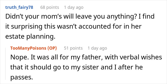 A comment asking about the mother's will after a widowed dad remarries and cuts daughters out of his will. A comment asking about the mother's will after a widowed dad remarries and cuts daughters out of his will.