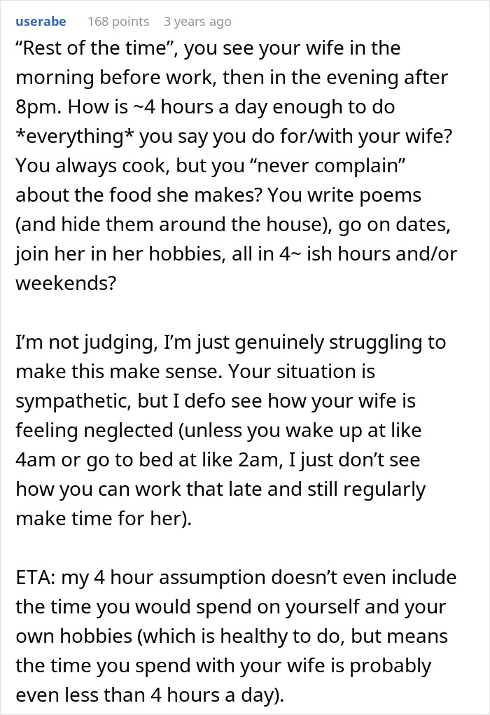 Comment questioning time spent with wife while caring for sick mom in a marriage