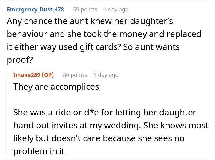 Online comments debating whether the aunt was an accomplice in the wedding drama involving used gift cards.