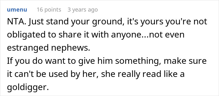 A comment advises a woman to stand her ground regarding her inheritance drama, suggesting her SIL is a golddigger. A comment advises a woman to stand her ground regarding her inheritance drama, suggesting her SIL is a golddigger.