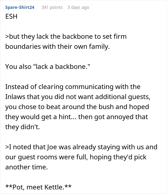 A detailed comment on Reddit pointing out communication issues with inlaws regarding Thanksgiving guests. A detailed comment on Reddit pointing out communication issues with inlaws regarding Thanksgiving guests.