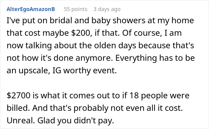 A Reddit comment from AlterEgoAmazonB discussing how bridal shower costs have changed over time.