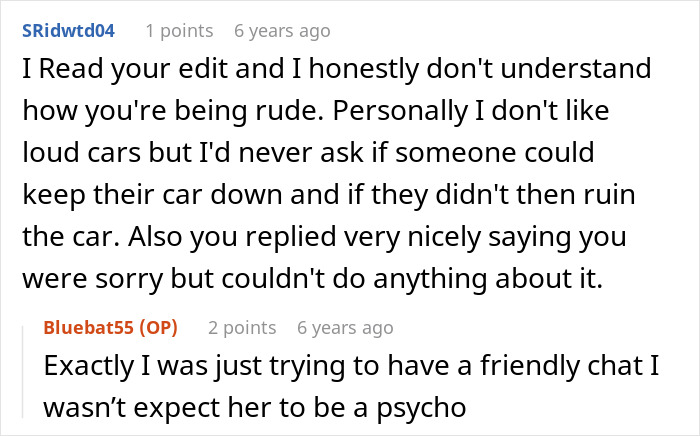 Screenshot of online comments where a user expresses surprise at a Dumb Karen's psycho reaction to a keyed car incident.
