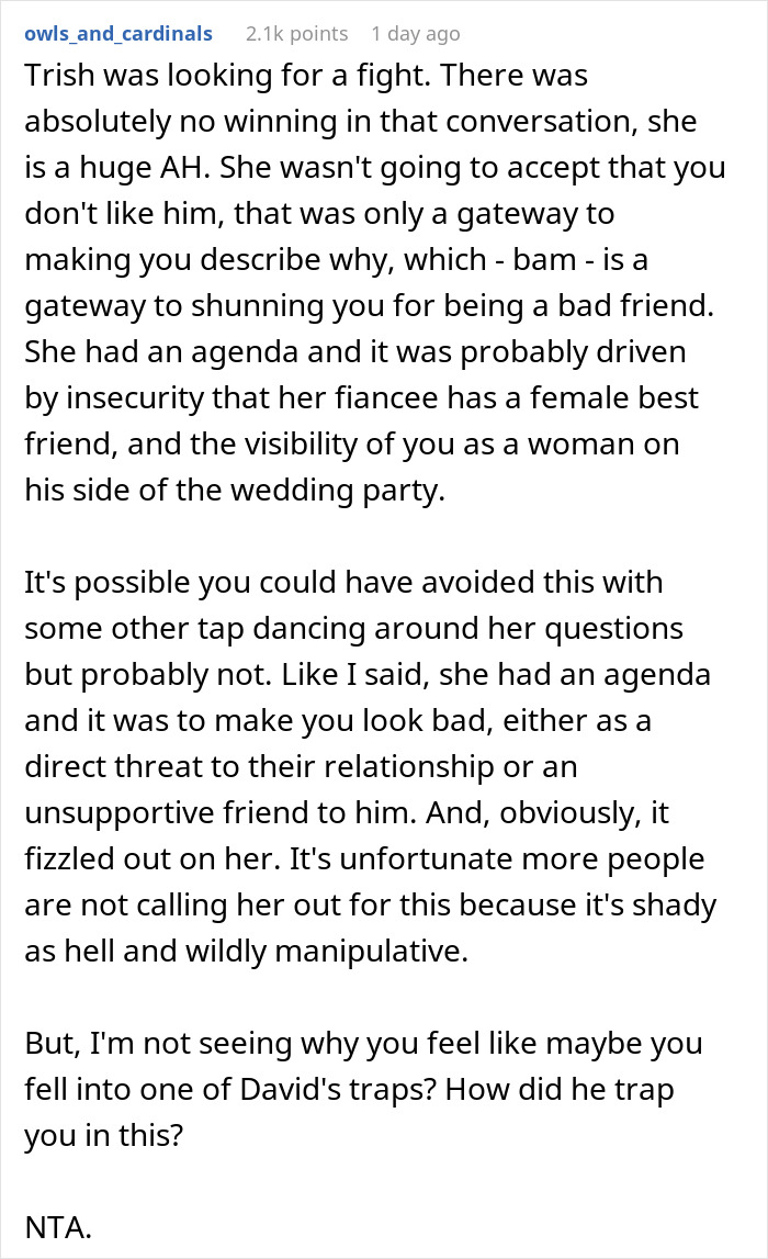 Long Reddit comment discussing the bride's insecurity and agenda, a female bestie and a love confession. Long Reddit comment discussing the bride's insecurity and agenda, a female bestie and a love confession.