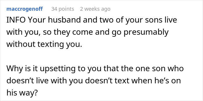 A Reddit comment questioning a wife's feelings about her husband's son not texting when visiting. A Reddit comment questioning a wife's feelings about her husband's son not texting when visiting.