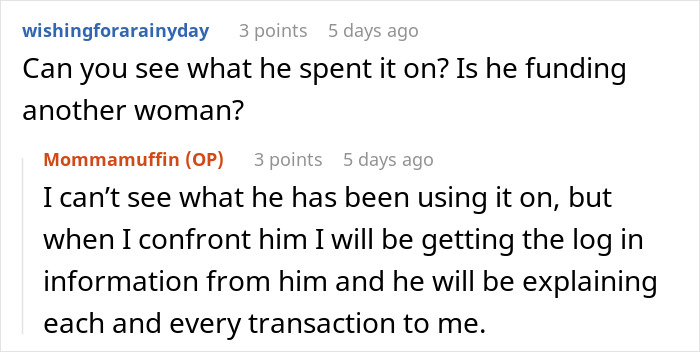 A screenshot of text from a forum, discussing a wife separating finances and a husband's spending and unauthorized use.