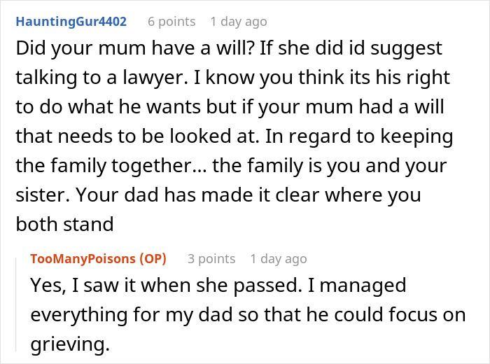 A screenshot of a Reddit thread discussing a widowed dad who remarries and cuts his daughters out of his will. A screenshot of a Reddit thread discussing a widowed dad who remarries and cuts his daughters out of his will.