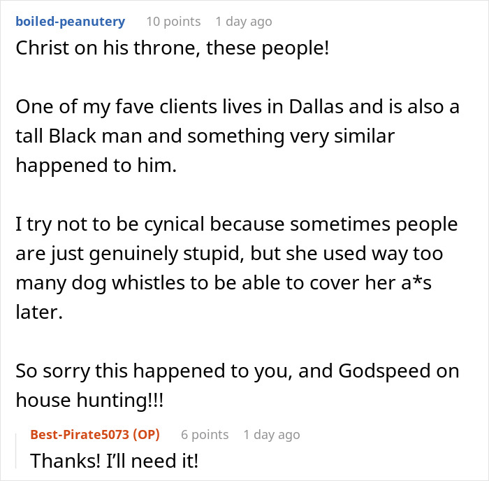 A comment on social media about a man being turned away by a realtor. A comment on social media about a man being turned away by a realtor.
