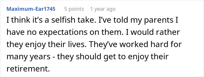 Online comment about a millennial daughter having no inheritance expectations from retired parents. Online comment about a millennial daughter having no inheritance expectations from retired parents.