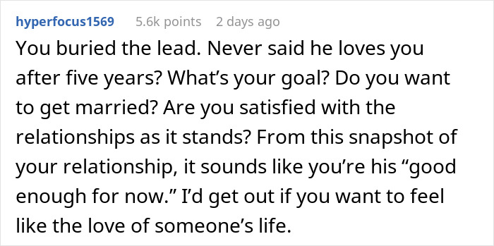 A screenshot of a comment about a guy who doesn&rsquo;t say I love you to his GF and won&rsquo;t marry her.