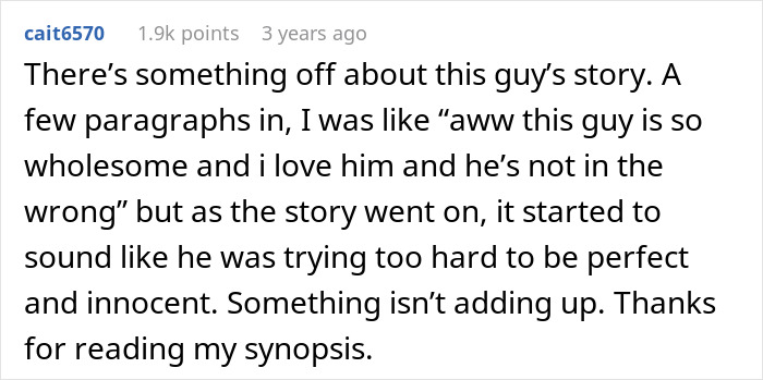 Comment doubting the authenticity of the husband's story