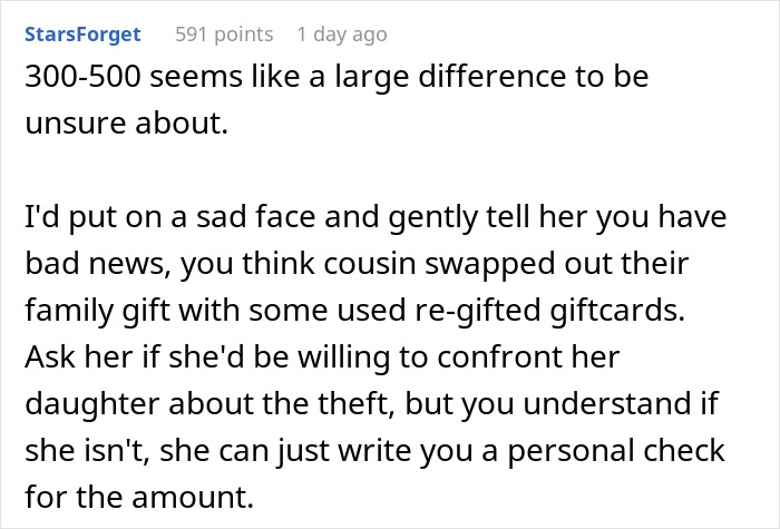 A comment advising to confront the cousin about the wedding drama and used gift cards.