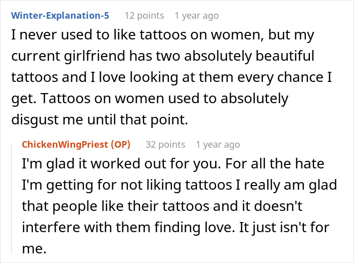 Reddit comment discussing how someone changed their mind about tattoos on women. Reddit comment discussing how someone changed their mind about tattoos on women.