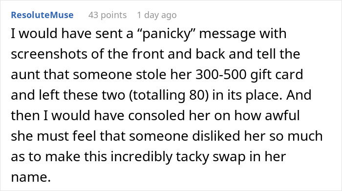 A comment proposing to send a panic message about stolen wedding gift cards, highlighting the cousin's wedding drama.