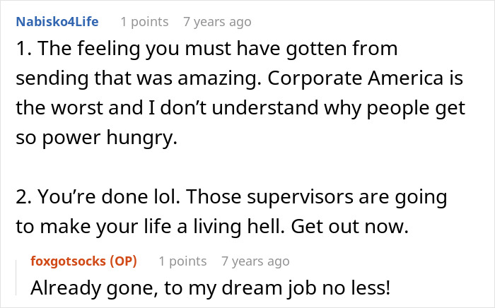 A comment section with user Nabisko4Life saying the feeling must have been amazing when supervisors make employee look bad. A comment section with user Nabisko4Life saying the feeling must have been amazing when supervisors make employee look bad.