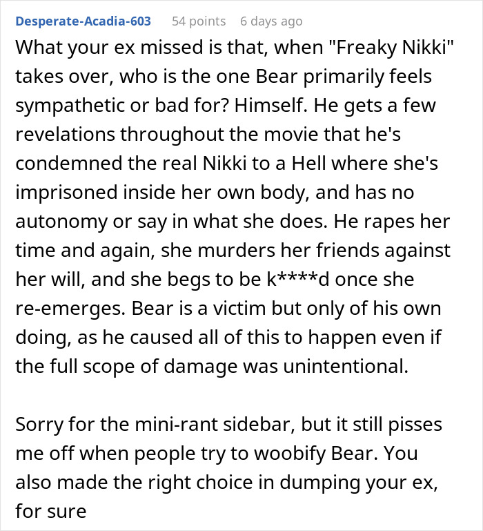 Long comment explaining character Bear's sympathy and actions in movie about obsession