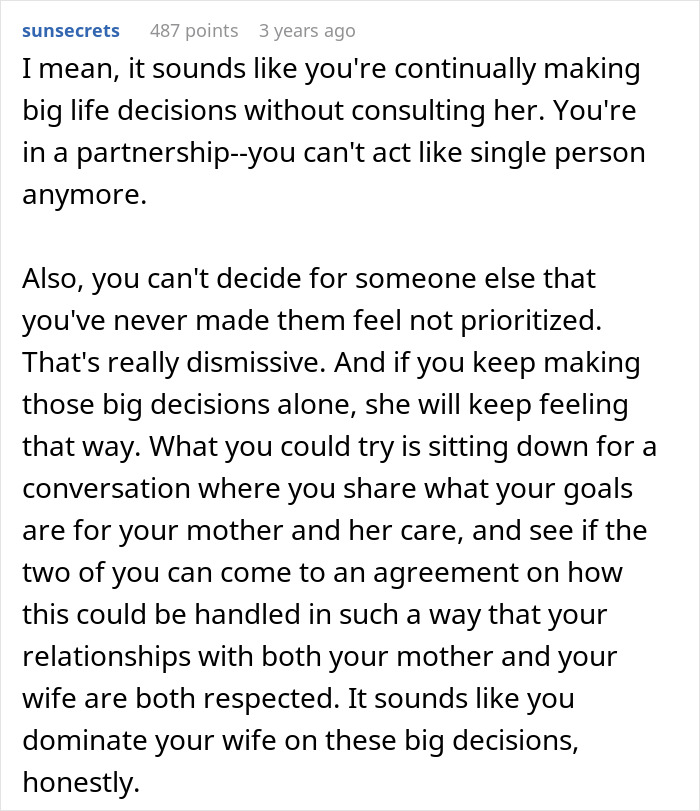 Advice on making joint decisions to respect wife and sick mom