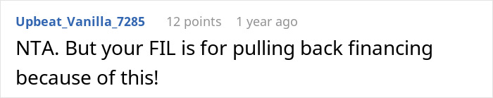 A Reddit comment about in-laws demanding special exceptions for child-free celebration, and the father-in-law threatening to pull financing.