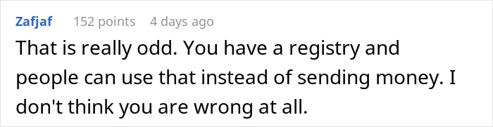 An online comment about using a registry instead of money for the wedding guests An online comment about using a registry instead of money for the wedding guests